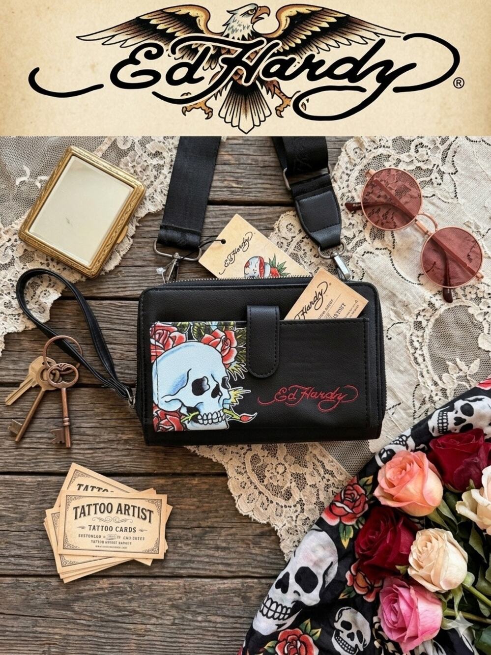 Ed Hardy Skull & Roses Crossbody Wallet NWOT